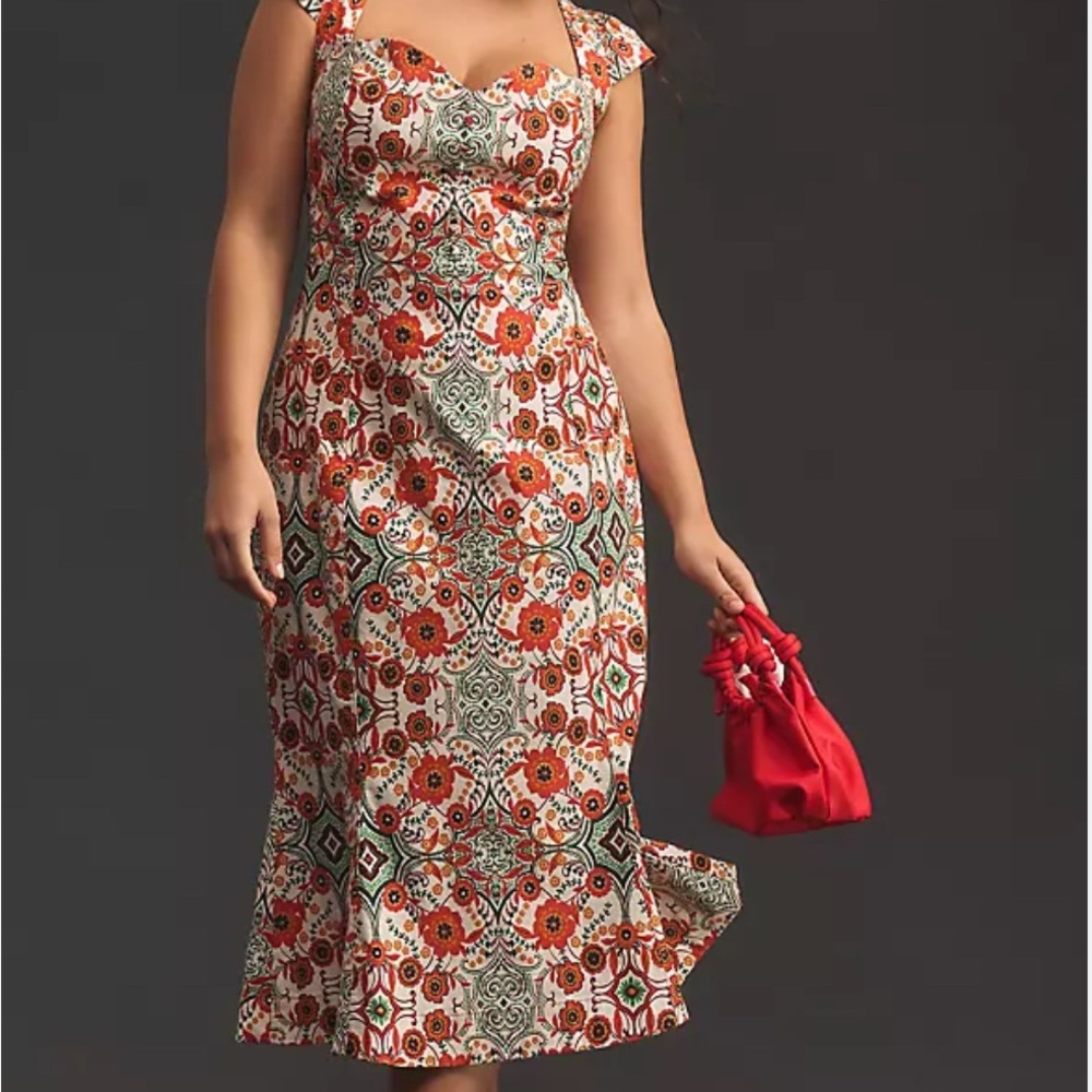 Anthropologie Floral Midi Dress - Red and Green
